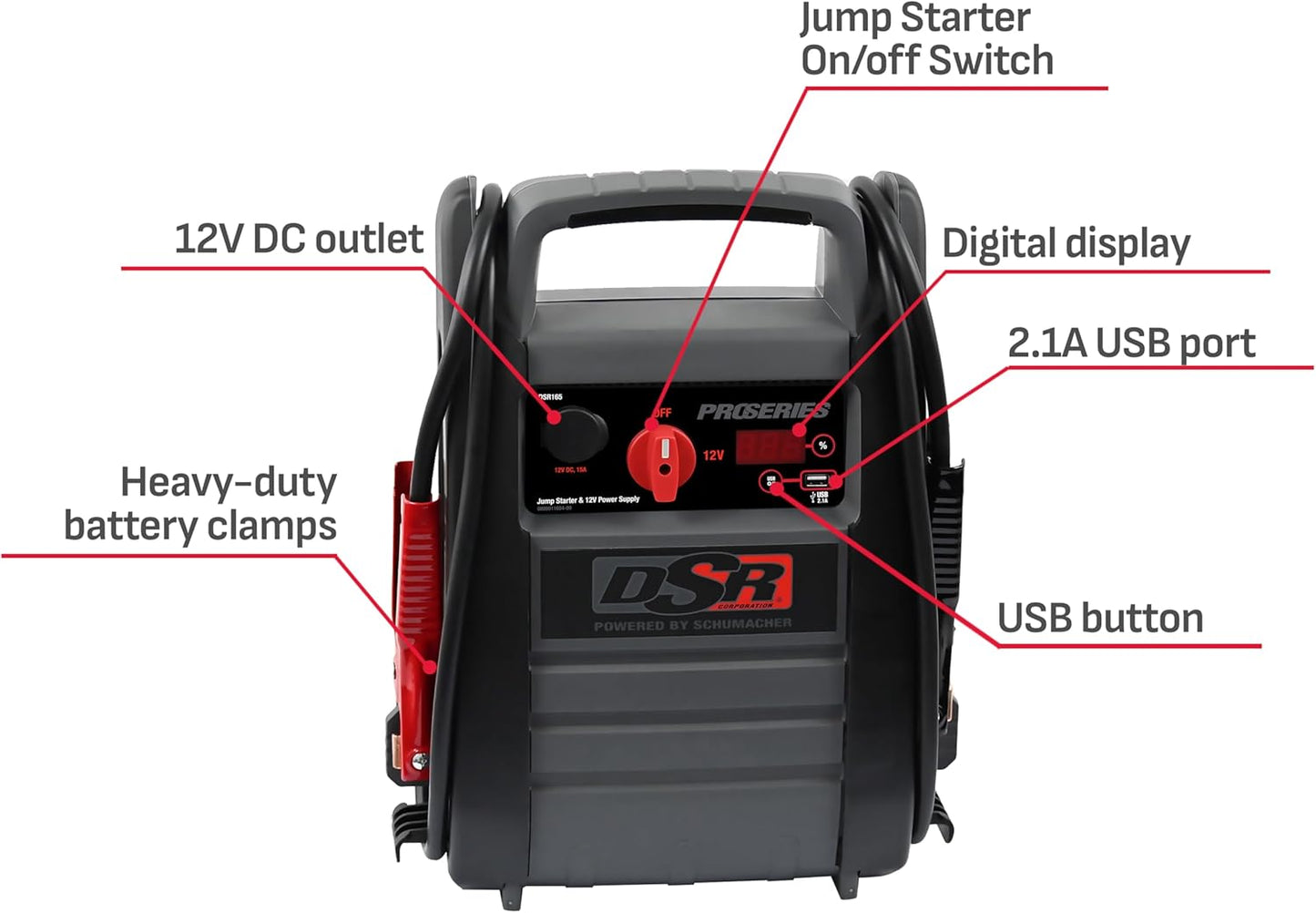 DSR Proseries Car Battery Jump Starter - 2200 Peak Amp 12V Car Starter, Jump Box & Portable Power Station - Digital Display, Heavy-Duty Clamps - DSR165