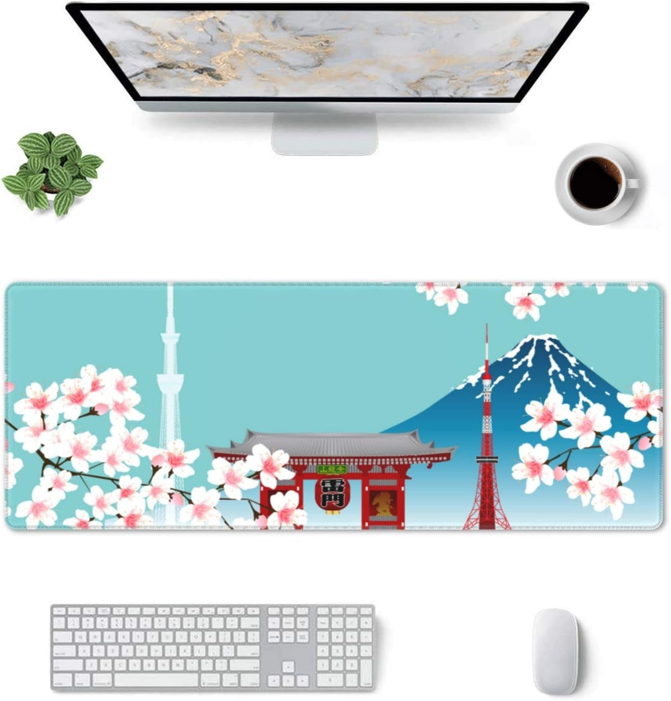 XL Japanese Cherry Blossom Large Gaming Mouse Pad, Long Extended Full Desk Mat for Desktop Keyboard Table with Mount Fuji Tokyo, Cute Big Mousepad Gifts for Women Office, 31.5 * 11.8 In