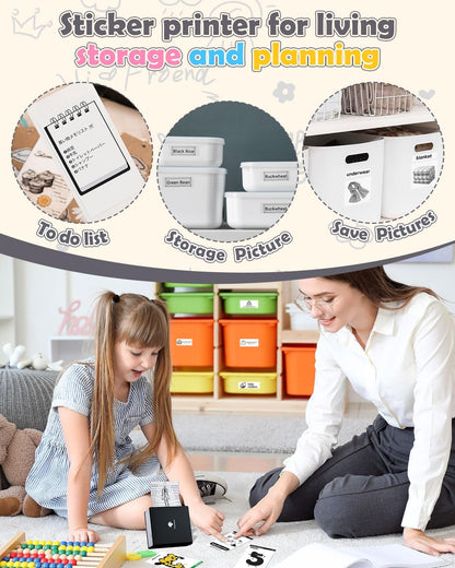 Mini Sticker Printer M02 Portable Inkless Sticker Printer, Compatible with Ios & Android, Print Pod for Phone, for Fun Christmas, Study Note, Memos, DIY Journal, Gift, for Kids Students, Black