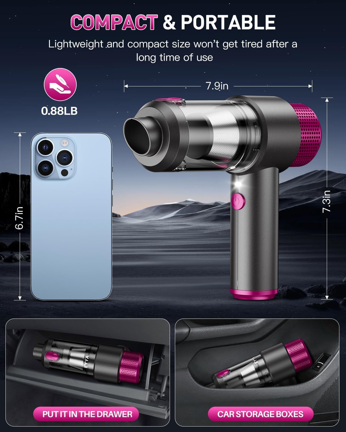 Handheld Car Vacuum Cleaner Cordless, 15000PA High Power Car Vacuum Cleaner & Air Duster, 4-In-1 Portable Mini Car Vacuum Cleaner with LED Light, Hand Held Vacuum Cleaner for Car Home Office